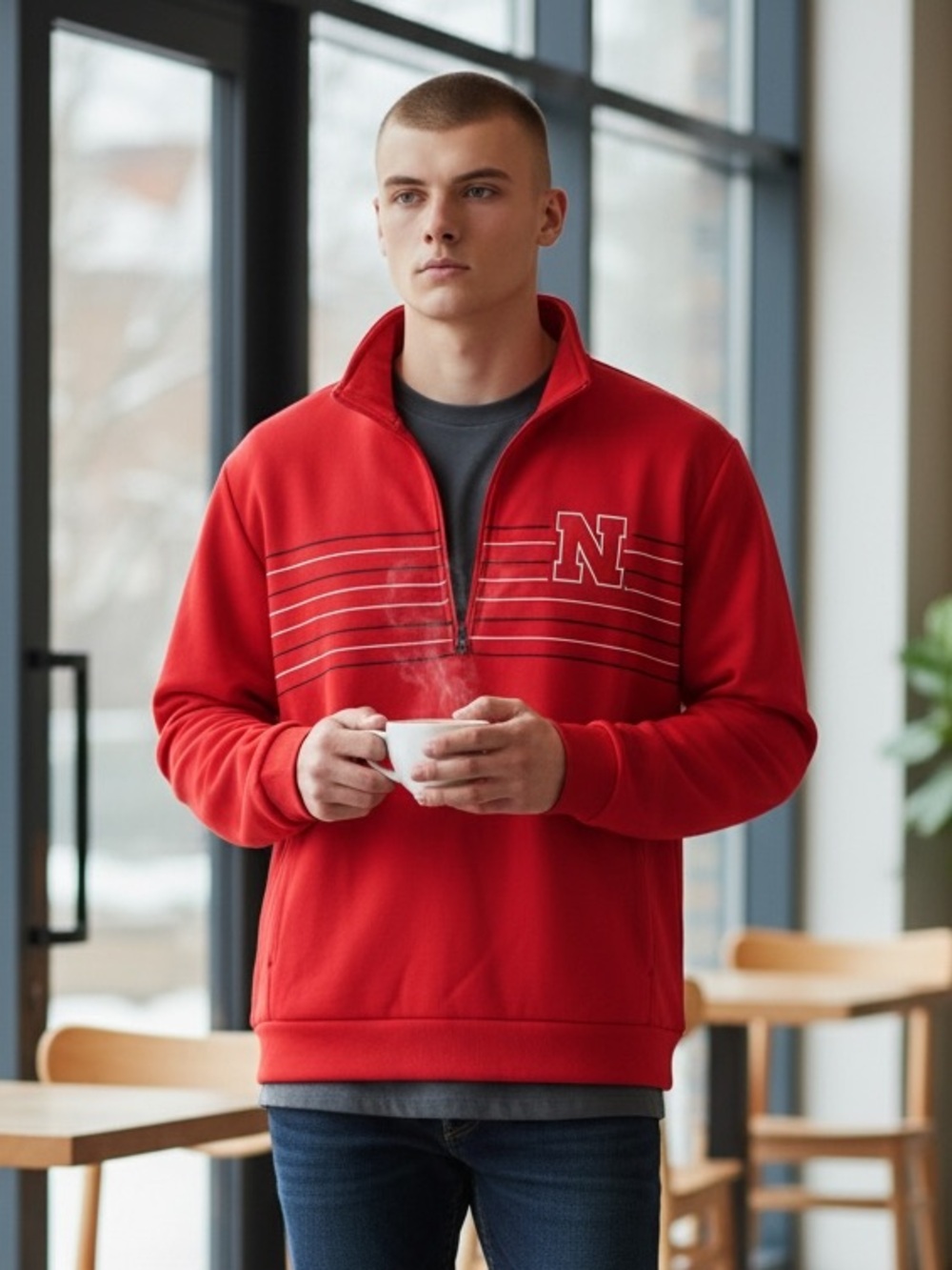 Men's Red Quarter-Zip Sweatshirt with N Logo
